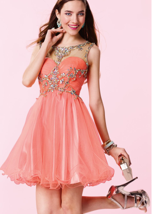 Coral Tulle Beaded V Sexy Back Knee Length Prom Dress  Coral Tulle Beaded V Sexy Back Knee Length Prom Dress